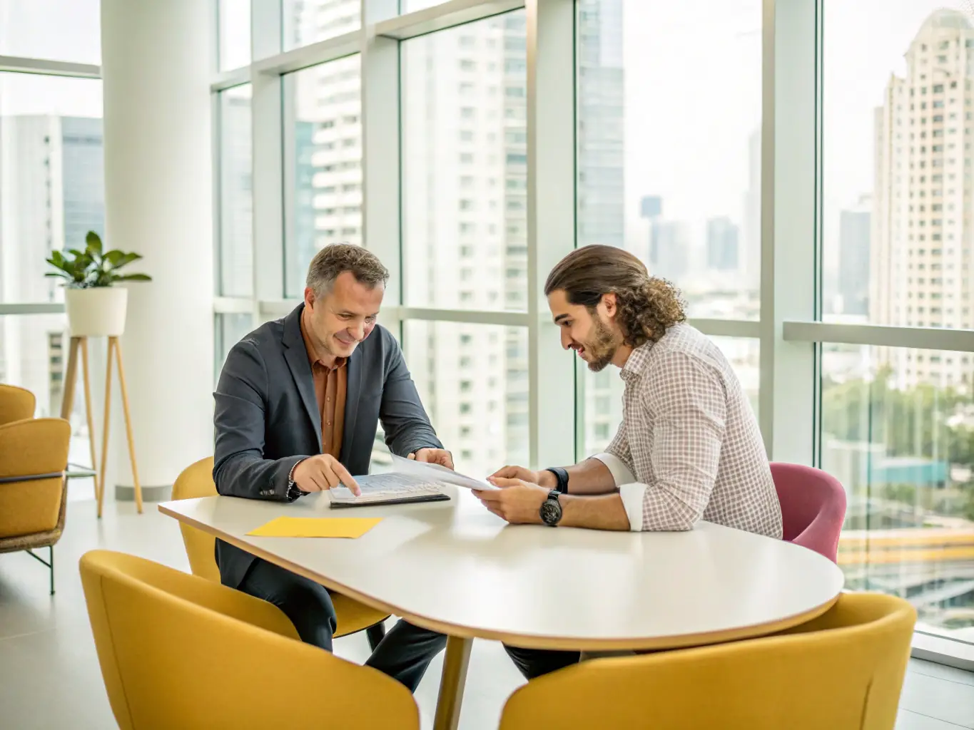 An image depicting a consultant solving a complex real estate problem with a business owner, highlighting strategic thinking and problem-solving skills.